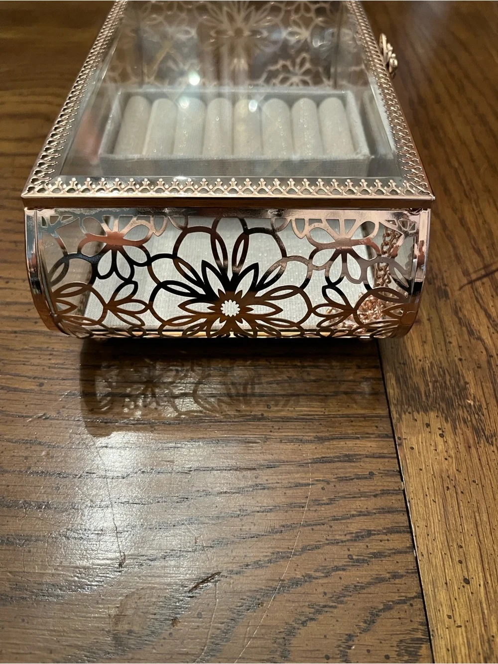 Rachel Ashwell Glass Jewelry Display Box with Rose Gold Trim and Gray Lining
